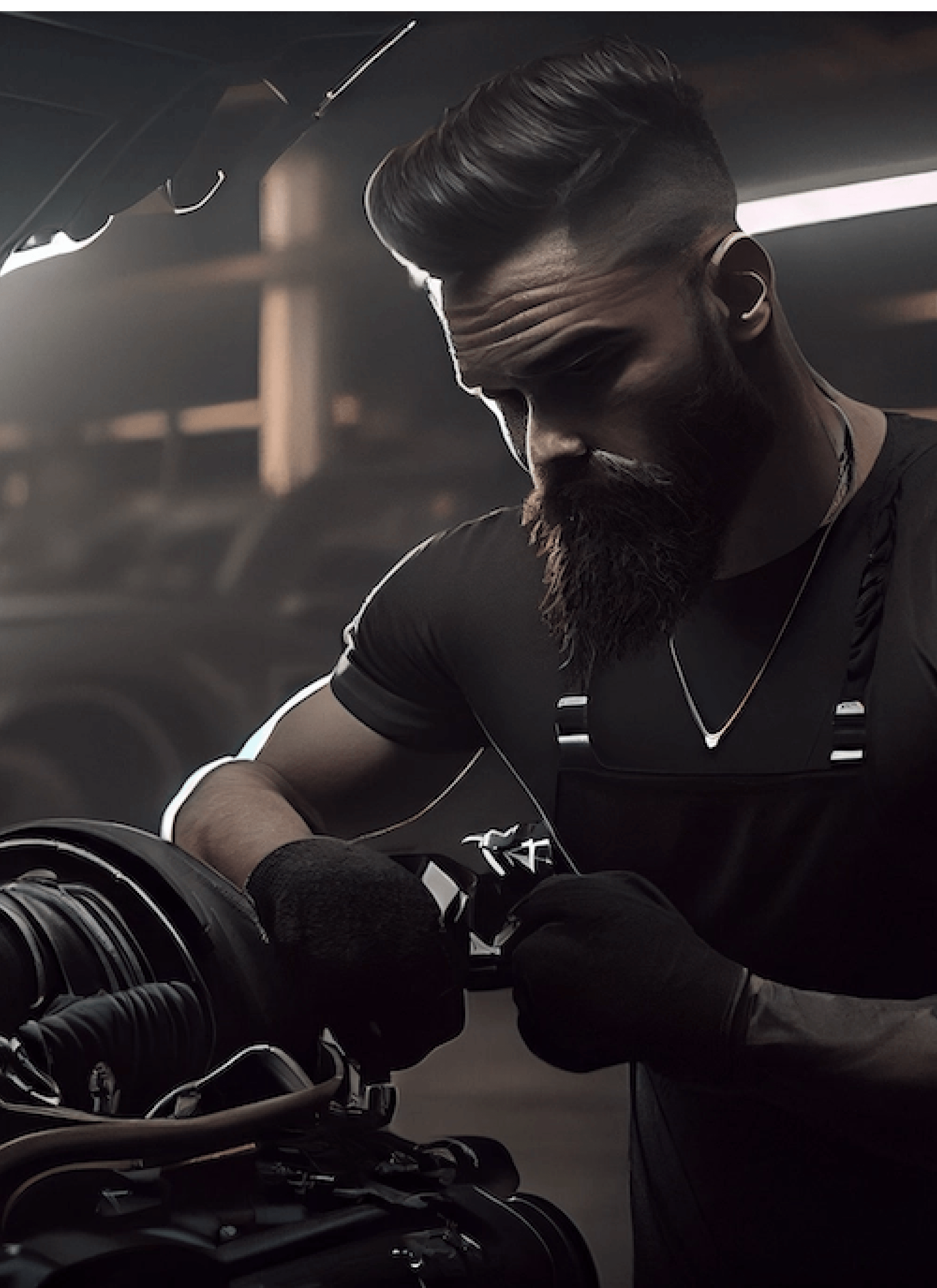 Мускулистый бородатый механик чинит двигатель в БМВ